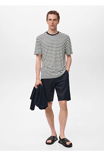 MANGO Man Slim fit çizgili keten tişört