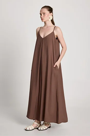 minaaise Γυναικείο Καφέ 100% Modal Strap Loose Cut Long Φόρεμα 29201