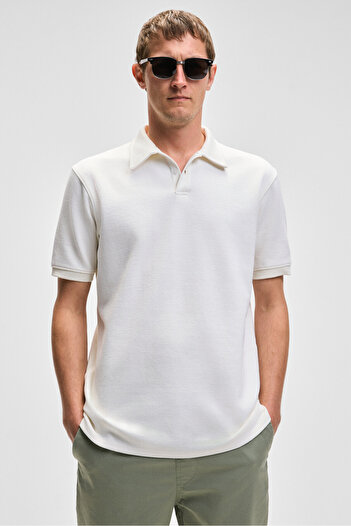 GRIMELANGE Laporte Men's Textured Fabric Slim Fit White Polo Neck T-Shirt