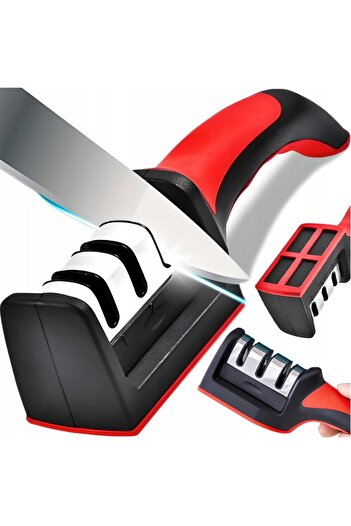 OEM 3-step knife sharpener, plastic handle, red/black