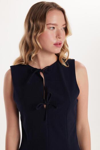 Tudors Women's Regular Fit Classic Cut Neck Tie Detailed Mini Navy Blue Dress