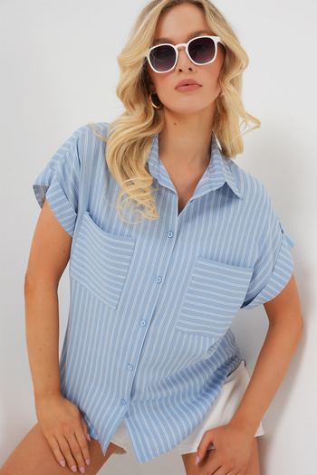 Bigdart Women's Short Sleeve Striped Oversize Shirt 20303 - Blue