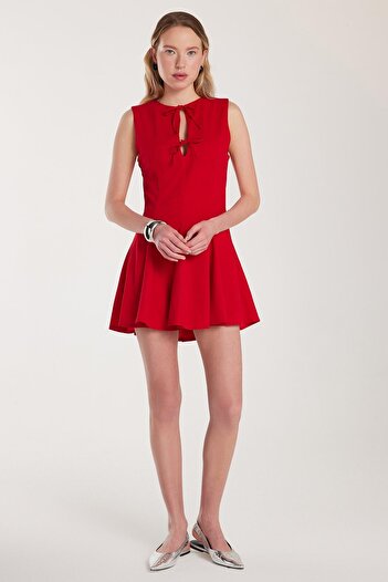 Tudors Women's Regular Fit Classic Cut Neck Tie Detailed Mini Red Dress
