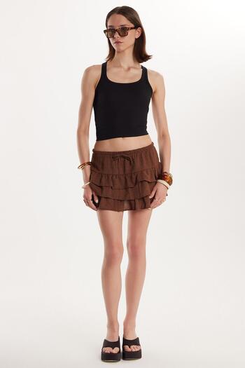 Tudors Women's Standard Fit Lace-Up Pleated Patterned Brown Mini Skirt