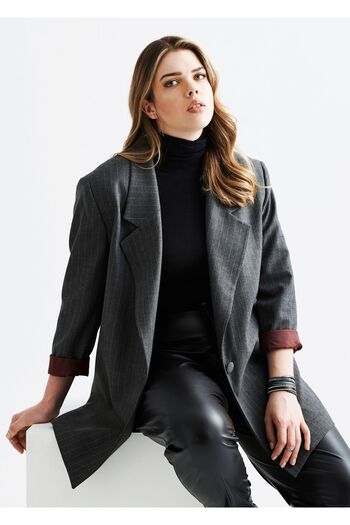 EVEN plus size Gri Çizgili Poliviskon Büyük Beden Kadın Ceket