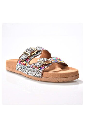 Zeyn 8013 Model Women's Leather Slippers with Stone Detail