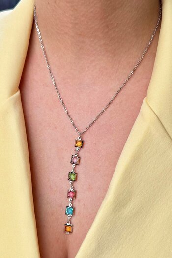 Vitastyle Silver Color Square Stone Detail Y Model Steel Necklace