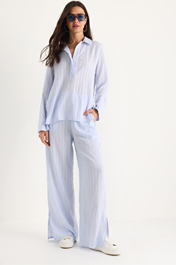 Bianco Lucci Women's Shirt Collar Self-Striped Comfortable Fit Summer Bottom-Top Suit 6016 60283381