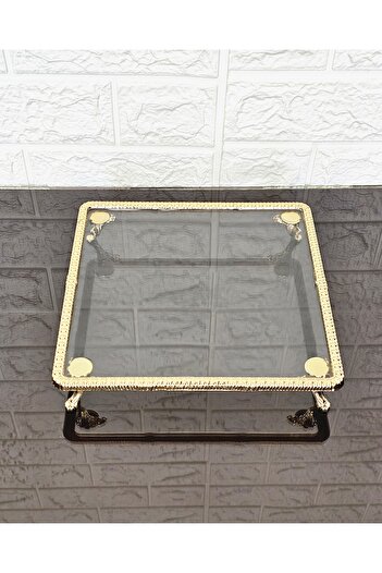 atabey home Glass Small Square Serving Plate-Presentation Plate-Presentation Tray-Presentation Tray-Dumped Gold Frame and 4 Legs 22cm