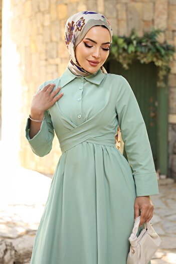 InStyle Kuşak Detaylı Gömlek Yaka Mint Yeşili Elbise