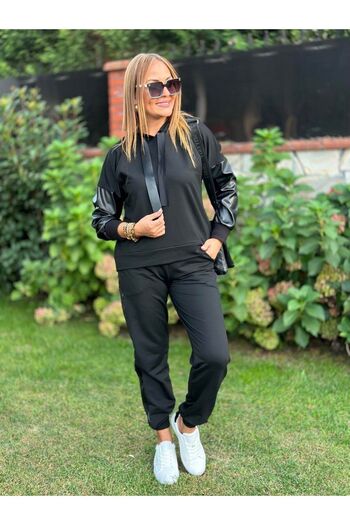 BUKETLİ Women's Leather Detailed Hooded Double Set