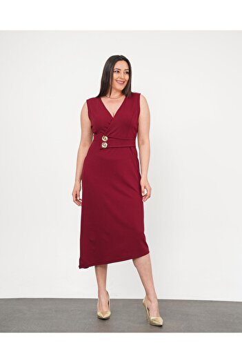 Butik Nilyam Women's Plus Size Double Breasted Neckline Zero Sleeve Two Button Detail Midi Stretchy Evening Dress