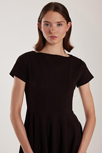 Tudors Women's Regular Fit Classic Cut Crew Neck Pleated Mini Black Dress