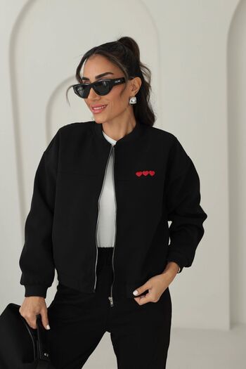 QİMYA BUTİK Keyymod Women's Thin Padded Heart Embroidered Bomber Jacket
