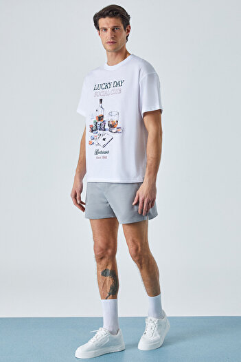GRIMELANGE Lucky Men's Oversize Fit White T-Shirt