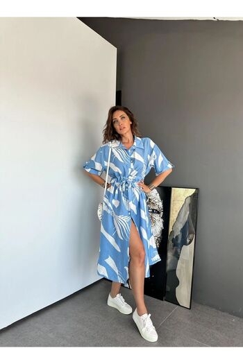 QİMYA BUTİK Rochie cămașă pentru femei EXOTIC ASORTIC cu model de frunze - Detaliu snur și curea
