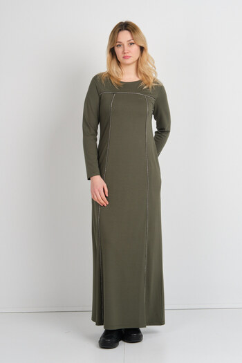 Sistas Women's Shiny Stone Detailed Long Sleeve Double Pocket Dress 23824 Khaki