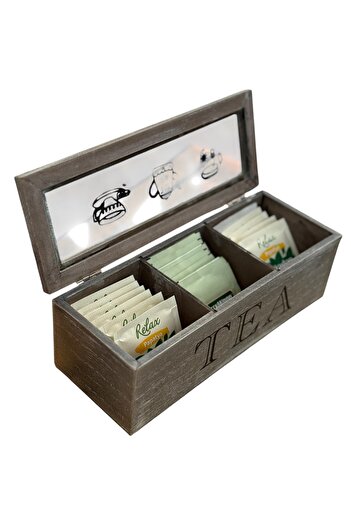 AHİR TİCARET Bamboo-Wood 3 Compartment Tea Box with Lid
