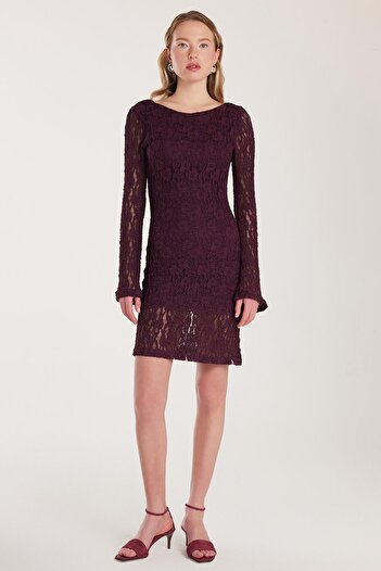 Tudors Women's Slim Fit Slim Fit Long Sleeve Backless Knit Detailed Plum Dress
