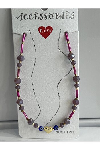Meri Purple Beaded Anklet with Heart and Evil Eye