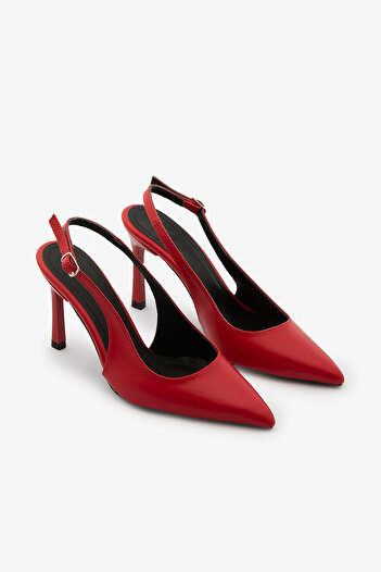 SAYL Kırmızı İçi Hakiki Deri Arkası Açık Stiletto