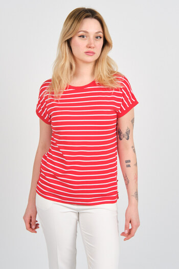 Sistas Women's Crew Neck Striped Blouse with Gold Buttons on the Sides 24298 Red