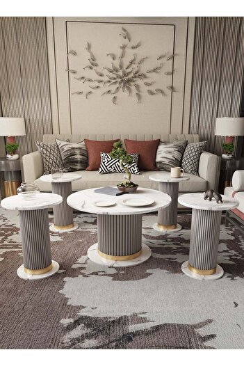 GENERAL Luxury Coffee Table Set - 5 Pieces with Gray Design, White Marble Surface and Golden Touches
