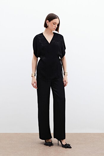 Sateen Loose Trousers with Pockets - Black