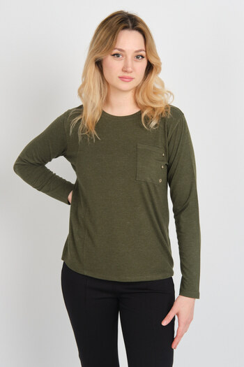 Sistas Women's Single Pocket Crew Neck Long Sleeve Blouse 24525 Khaki