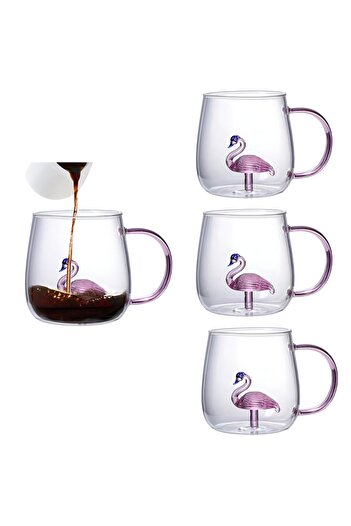 Herum Set of 4 double-walled mugs, flamingo figurine, glass, for coffee, tea, Transparent, 380 ml