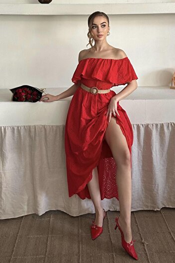 Elbee Fashion Woman Elastic shoulder brode dress
