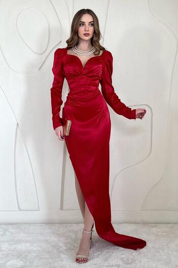 Elbee Fashion Woman Satin Breast Cup Slit Detailed Dress