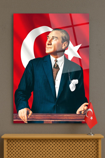 duvarsanatı Mustafa Kemal Atatürk and Turkish Flag Vertical Glass Painting Modern Home Office Living Room Gift Large Painting