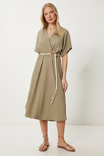 Happiness İstanbul Women's Khaki Double Breasted Collar Belted Stretchy Wrap Dress Zv00310