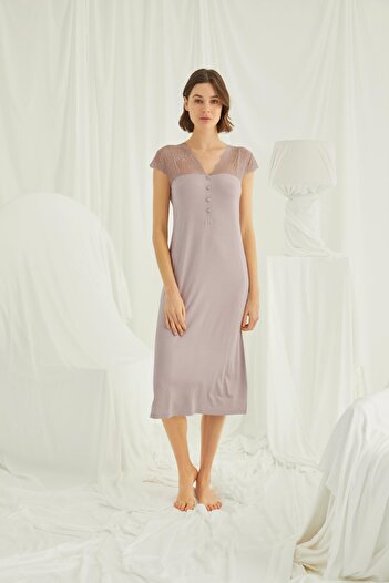 MONAMİSE Monamise Women's Handle Shoulder and Collar Ruched Buttoned Front Nightdress 18436