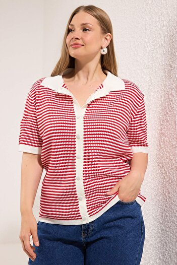 Trendyol Curve Red Polo Collar Striped Knitwear Blouse Tbbss25Af00115