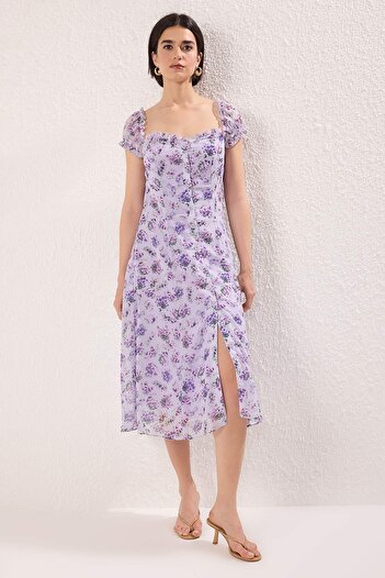 Trendyol Collection Lilac Floral Lined Chiffon Flight Flight Woven Midi Shirt Dress Twoss25El00563