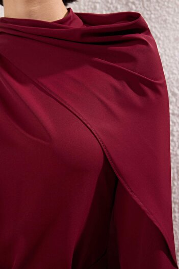 Trendyol Modest Burgundy Cape Detailed Woven Evening Dress Tctss25Db00023