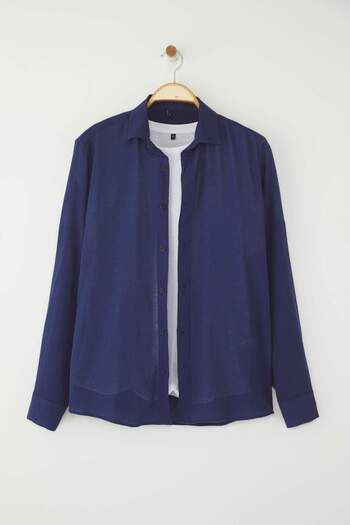 Trendyol Collection Navy Blue Regular Fit Epaulette Crinkle Effect Linen Look Shirttmnss23Go00061