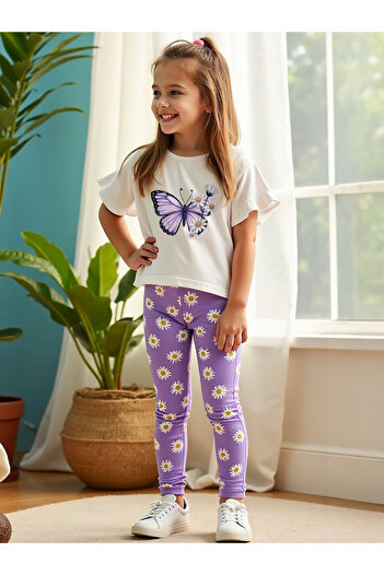 Take Two By Styli Kids 2pcs Purple Floral Printed T-Shirt and Leggings