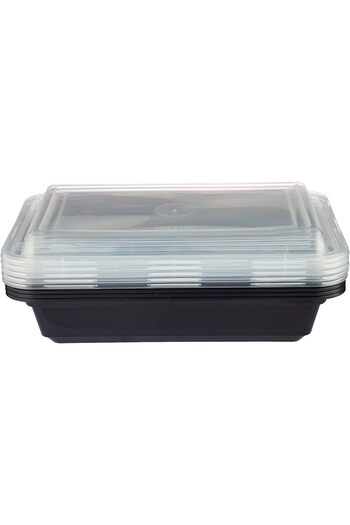 Hotpack Disposable Microwaveable Rectangular Black Base, Meal Prep Container with Clear Lid. (5, Bla