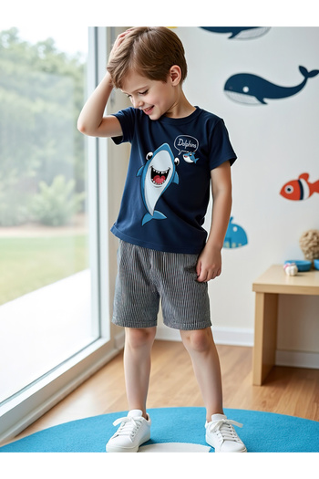 Take Two By Styli Kids 2pcs Navy Blue Printed T-Shirt and Shorts Sets