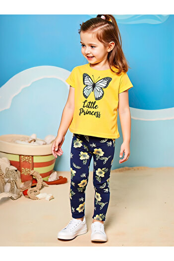 Take Two By Styli Kids 2pcs Graphic Print Short Sleeve T-Shirt and Flora Print Leggings