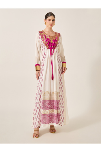 Maxim Creation By Styli Pink Embroidered Detail Cream Maxi Jalabiya