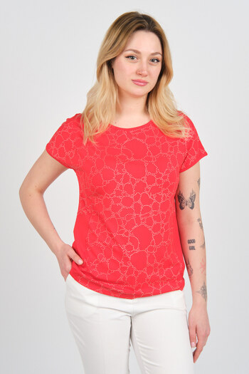 Sistas Women Short Sleeve Stone Decorated Crew Neck Blouse 24227 Red