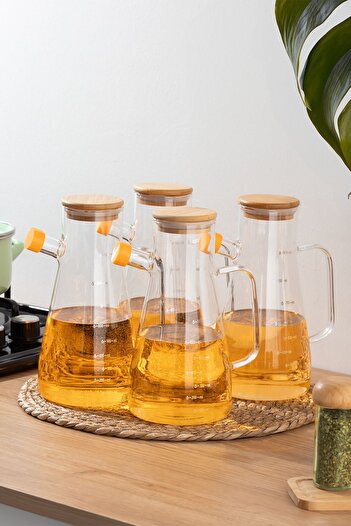 Porsima 001 4'lü Sıvıyağ Şişesi-vakumlu Bambu Kapaklı Borosilikat Cam Yağdanlık Yağlık Sosluk 900ml