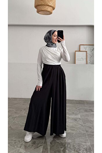Hatun Atila Beli Lastikli Geniş Paça Modal Etekli Pantolon - Siyah