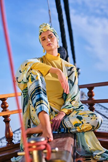 Bordomix 7062 Women's Yellow Lemon Patterned Pareo with Long Belt - Beach Dress