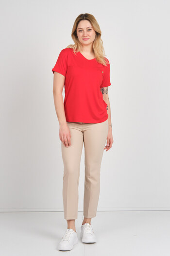 Sistas Women's Short Sleeve Ornamental Pocket Detailed Double Sleeve Blouse 4110 Red