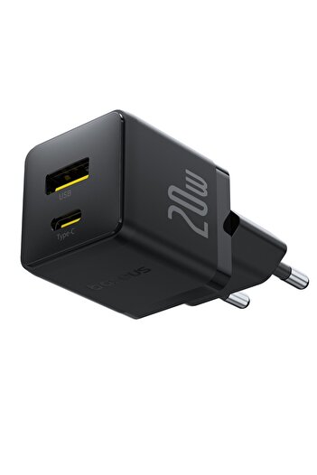 Baseus 2-Port Socket Charger, Type-C Cable Included, 2in1, USB, USB-C, 20W, 5V/3.0A, 1m, Palm 8213, Black